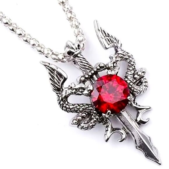 Necklace Double Dragon Sword Blood Swords Daggers Silver Chain Gemstone Y2k Goth - Picture 1 of 3